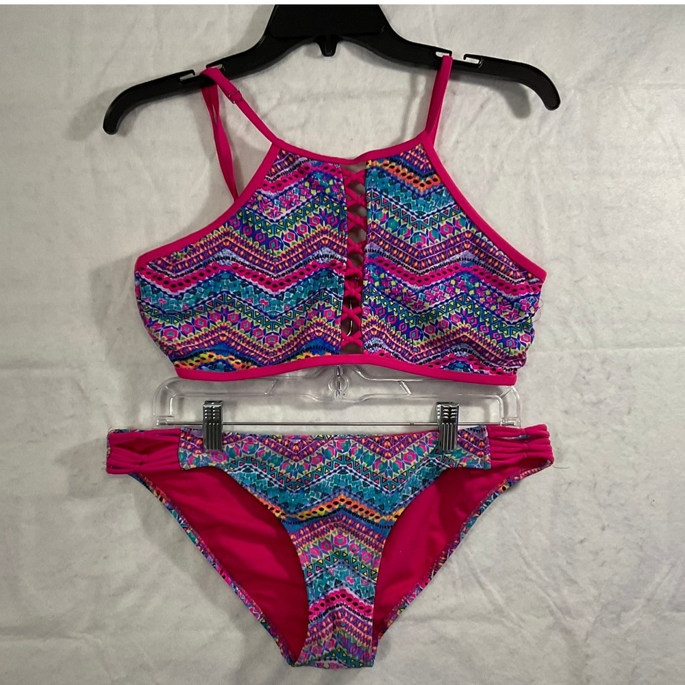Coral Tropics Bikini Set Womens Large Pink Geometric Lattice Lace Up Swimwear